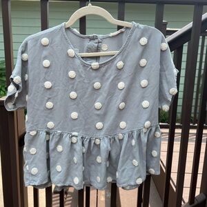 Altar’d State Women’s Adorable Polka Dot Cream & Blue Top Size S with Buttons